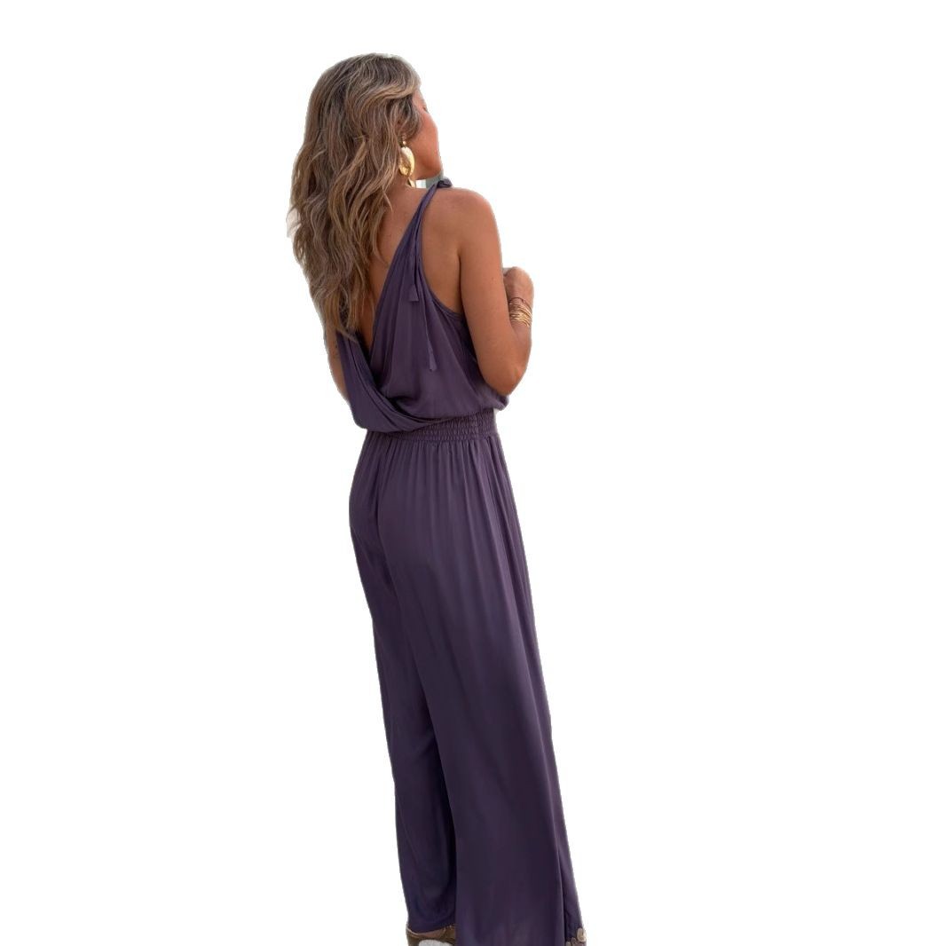 Gold Ribbon Trim Waist Trimming Loose Suspender Jumpsuit