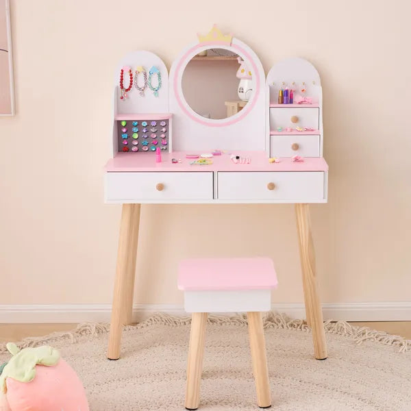 White And Pink Crown Element, MDF + Particleboard + Solid Wood Legs, Painted And Melamine Laminated, 4-drawer Children's Dressing Table Set