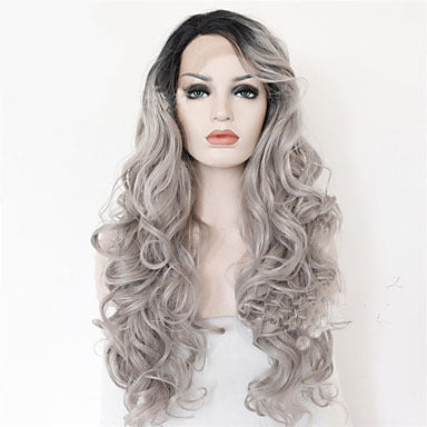 2 Tones Synthetic Lace Wig Grey Black Ombre Wavy Wigs Long Curly Hair