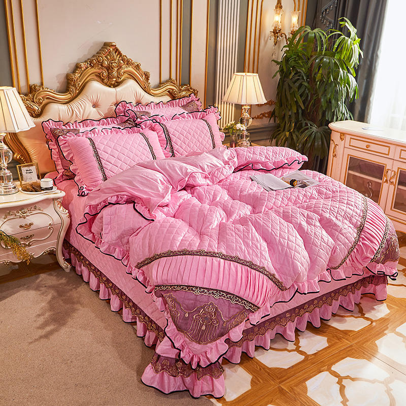 European Style Lace Warm Milk Velvet Four-Piece Coral Velvet
