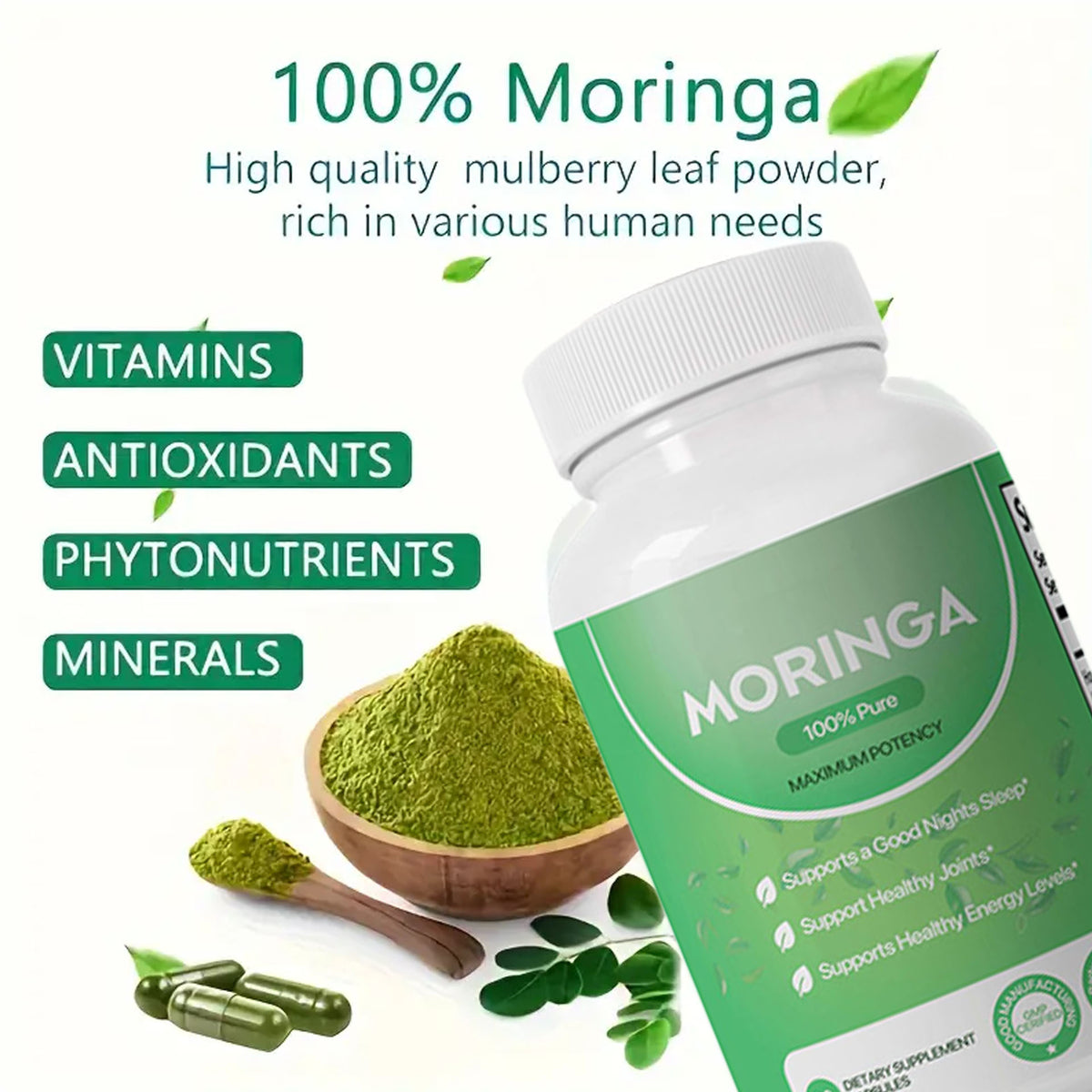 Moringa Capsules, Pura Moringa Leaf Energy, Metabolism & Immune Support, Healthcare Supplement & Vitamins 60pcs Dietary Supplement Capsules
