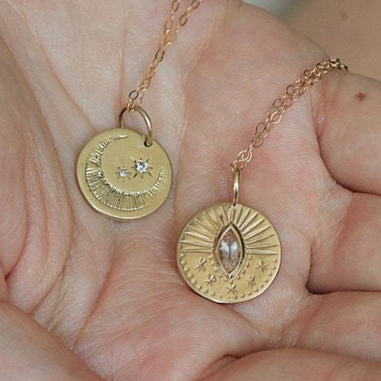 Three-Dimensional Sun Moon Round Coin Zircon Necklace
