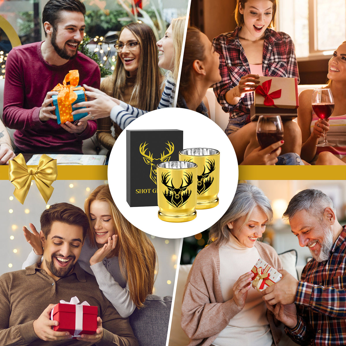 2pcs  50 Caliber Deer Head Golden Plastic Wine Glasses With Gift Box - Leak Proof, Reusable - Stylish Animal Print Design, Suitable For Whiskey, Tequila, Etc