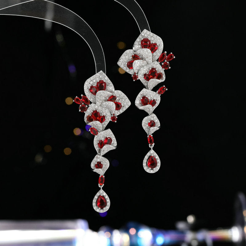 1 Pair Gorgeous Long Dangle Flower Earrings, Cubic Zirconia Earrings For Women, Fashion Party Prom Dress Jewelry, Birthday Holiday Gift
