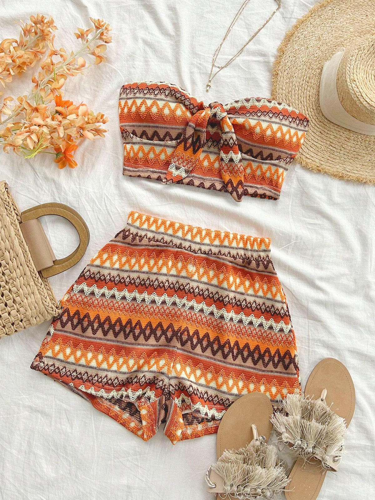 Women's Sexy 2pcs Set  Summer  Colorful Striped Elastic Suitable For Vacation And Daily Travel