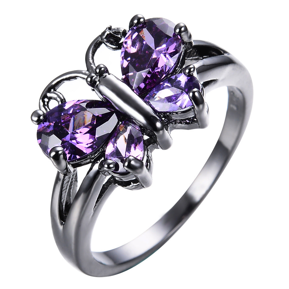 Small Animal Trend Black Gold Blue Zircon Butterfly Ring