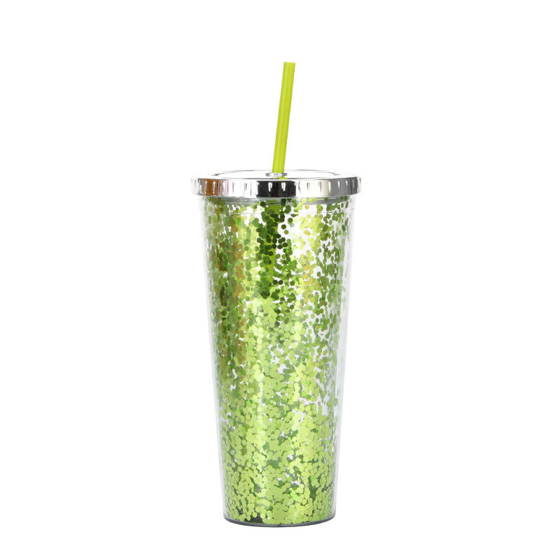 Creative Color Sequins Cup Straw Cold Cup with Lids and Straws Mug Plastic Straight Cup