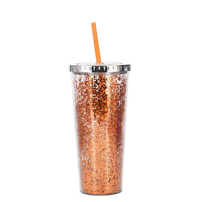 Creative Color Sequins Cup Straw Cold Cup with Lids and Straws Mug Plastic Straight Cup