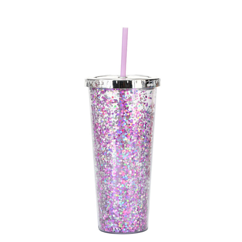 Creative Color Sequins Cup Straw Cold Cup with Lids and Straws Mug Plastic Straight Cup