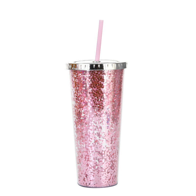 Creative Color Sequins Cup Straw Cold Cup with Lids and Straws Mug Plastic Straight Cup