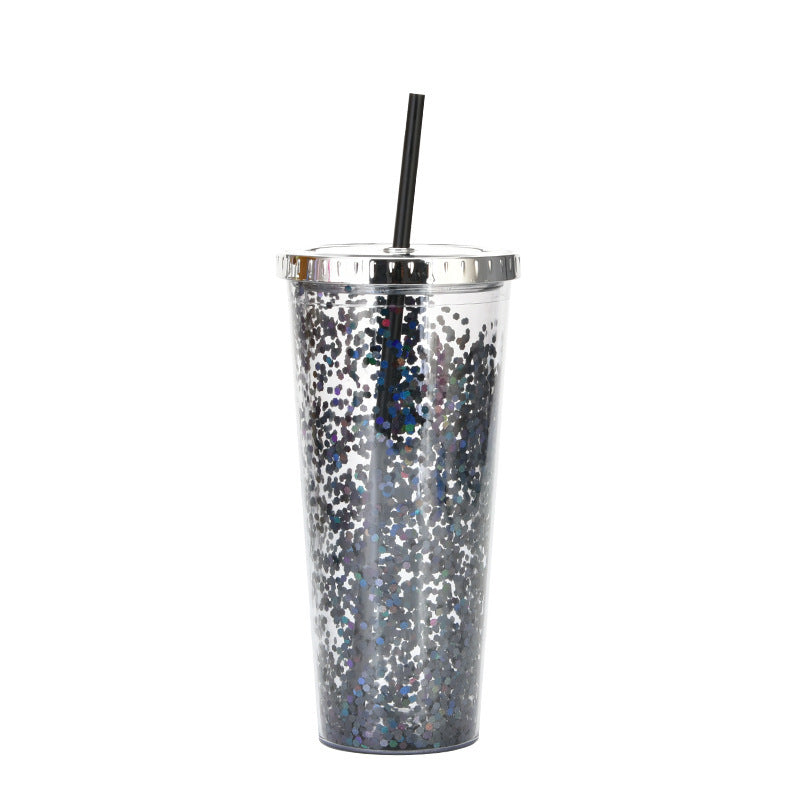 Creative Color Sequins Cup Straw Cold Cup with Lids and Straws Mug Plastic Straight Cup