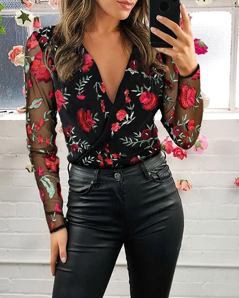 Embroidered V-Neck Mesh Stitching Long-Sleeved Shirt