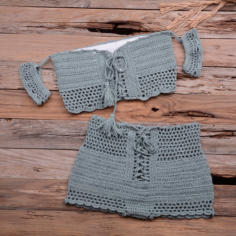 European and American Hot Style Six-Color Beach Bikini Suit Women's Knitted Swimwear Crochet Bohemian Bra