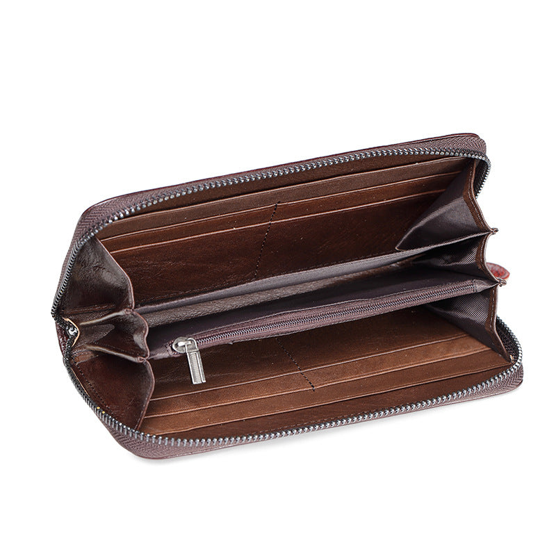 Leather Ladies Wallet Retro Fashion Long Zipper Phone Bag Top Layer Cowhide Clutch