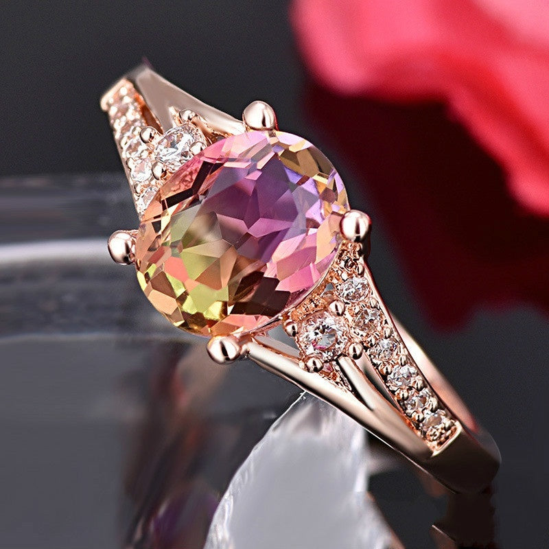 Gold Plated Crystal Ring Square Diamond Simple Ring Rose Gold Opal Ring