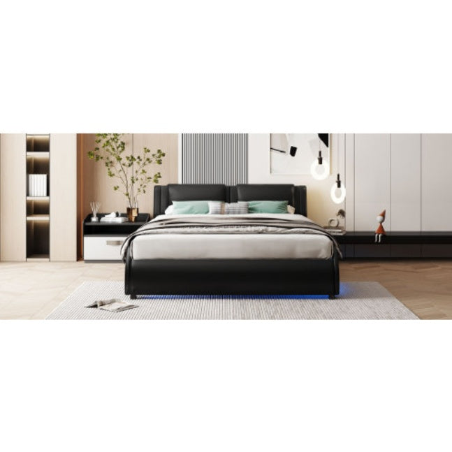 Full Size Upholstered Faux Leather Platform Bed With LED Light Bed Frame With Slatted - Black