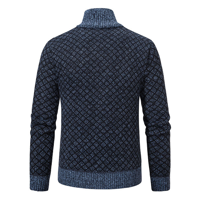 Thickened Plaid Print Jacket Cardigan Fashion Slim Fit Zipper Stand Collar Sweater Winter Men's Casual Long Sleeve Knitted Top Clothing