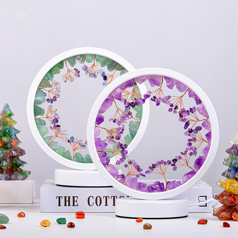 USB Interface Natural Crystal Stone Flower Tree Round Night Light Decoration Holiday Atmosphere Bedside Lamp