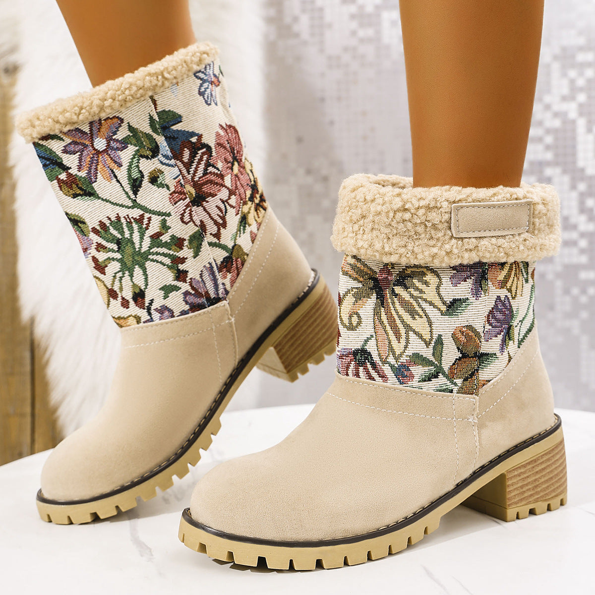Flowers Embroidered Snow Boots Ethnic Style Platform Thick Square Heel Mid-Tube Boot Winter Warm Cotton Shoes For Women