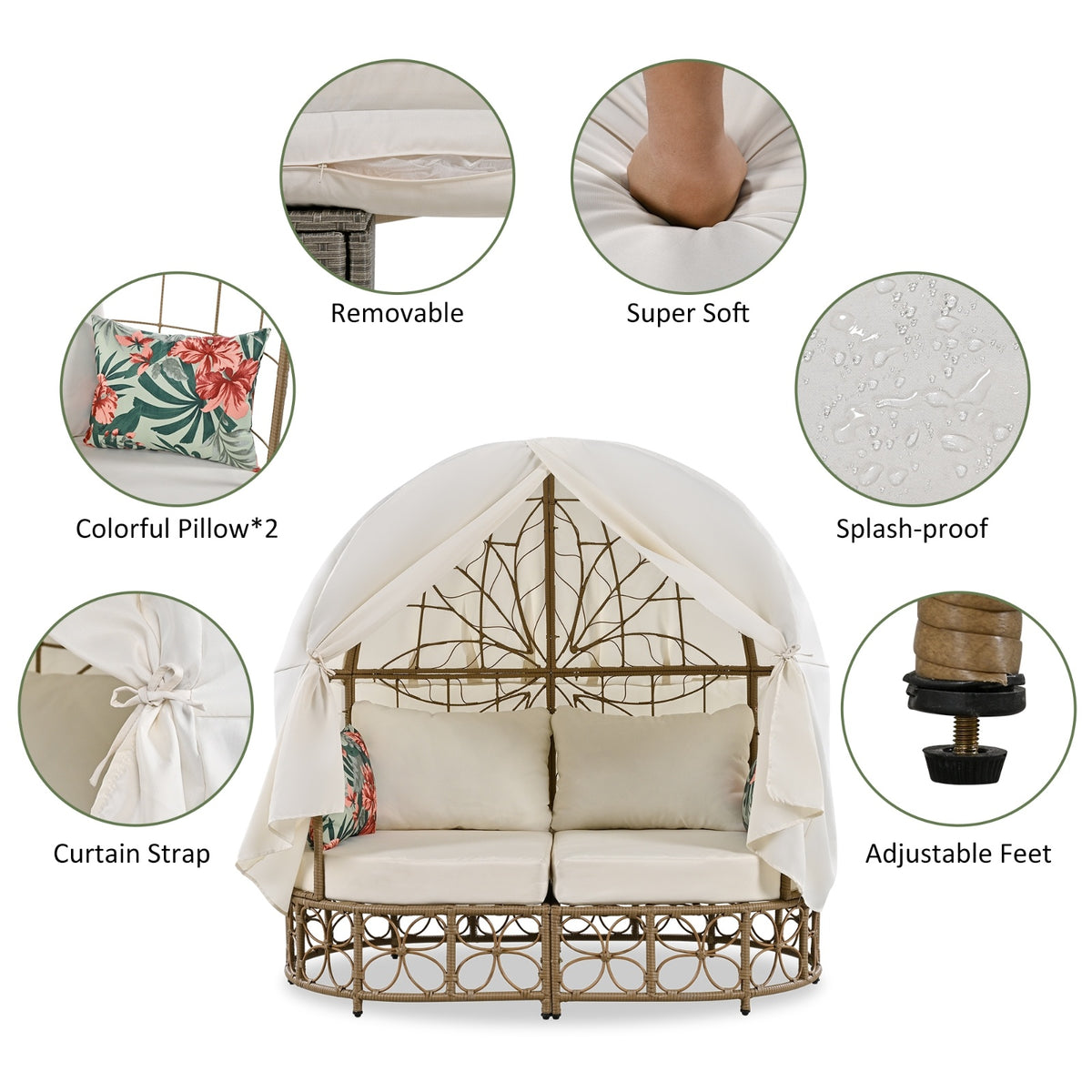 GO 59.8  Daybed Outdoor Sunbed With Colorful Pillows, Wicker Patio Daybed With Curtain, Floral Patte