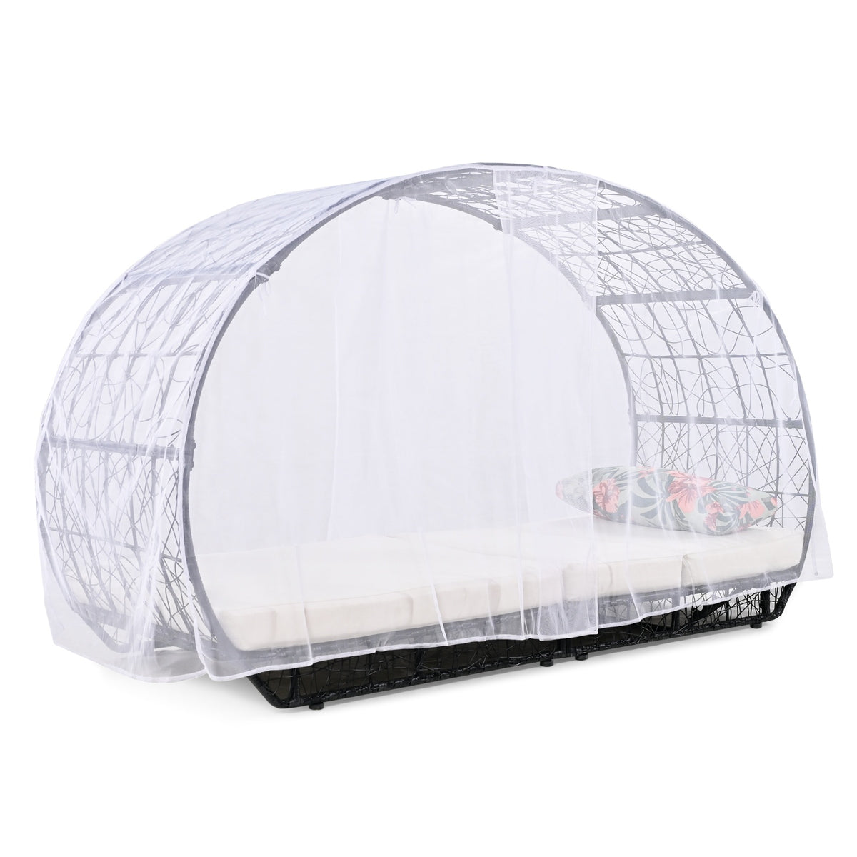 GO 90.55 Outdoor Patio Daybed With Curtain, Sunbed With Cushion And Colorful Pillow, Wicker Lounge