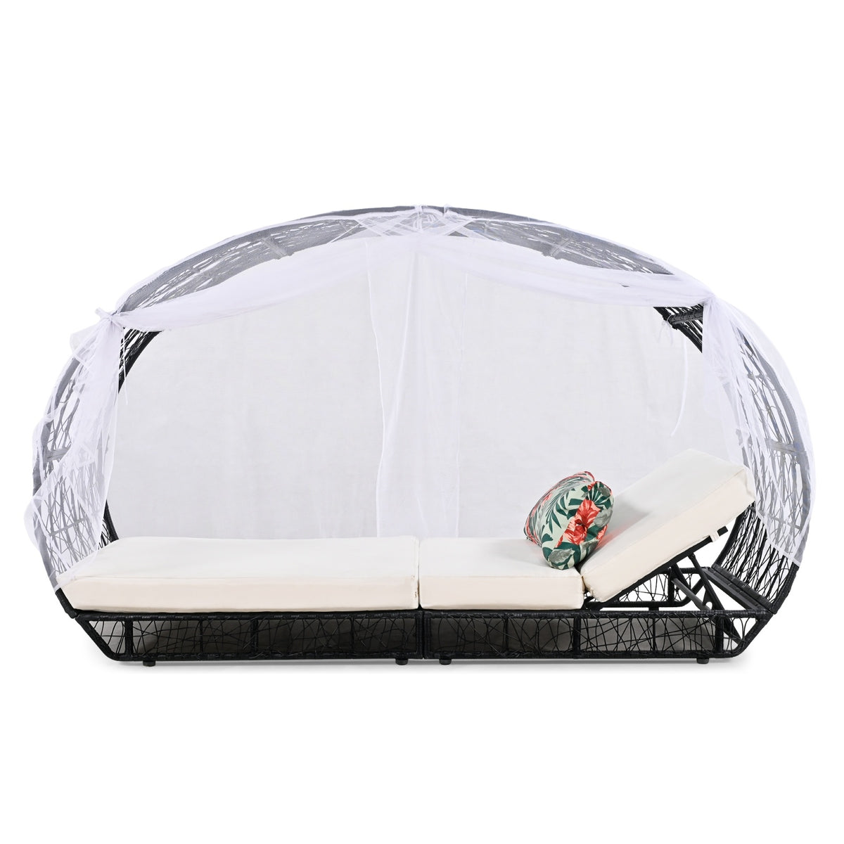 GO 90.55 Outdoor Patio Daybed With Curtain, Sunbed With Cushion And Colorful Pillow, Wicker Lounge