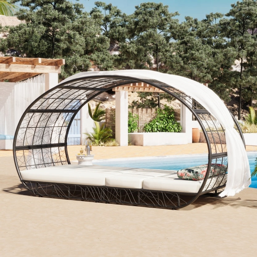 GO 90.55 Outdoor Patio Daybed With Curtain, Sunbed With Cushion And Colorful Pillow, Wicker Lounge