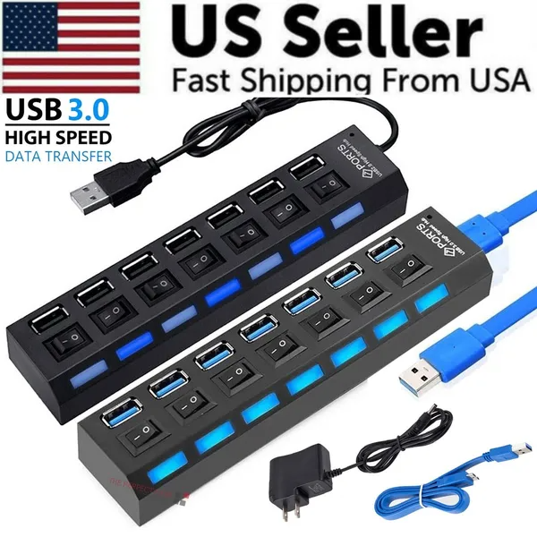 7 Port USB 2.0  3.0 Hub Splitter Adapter High Speed For PC Laptop Desktop