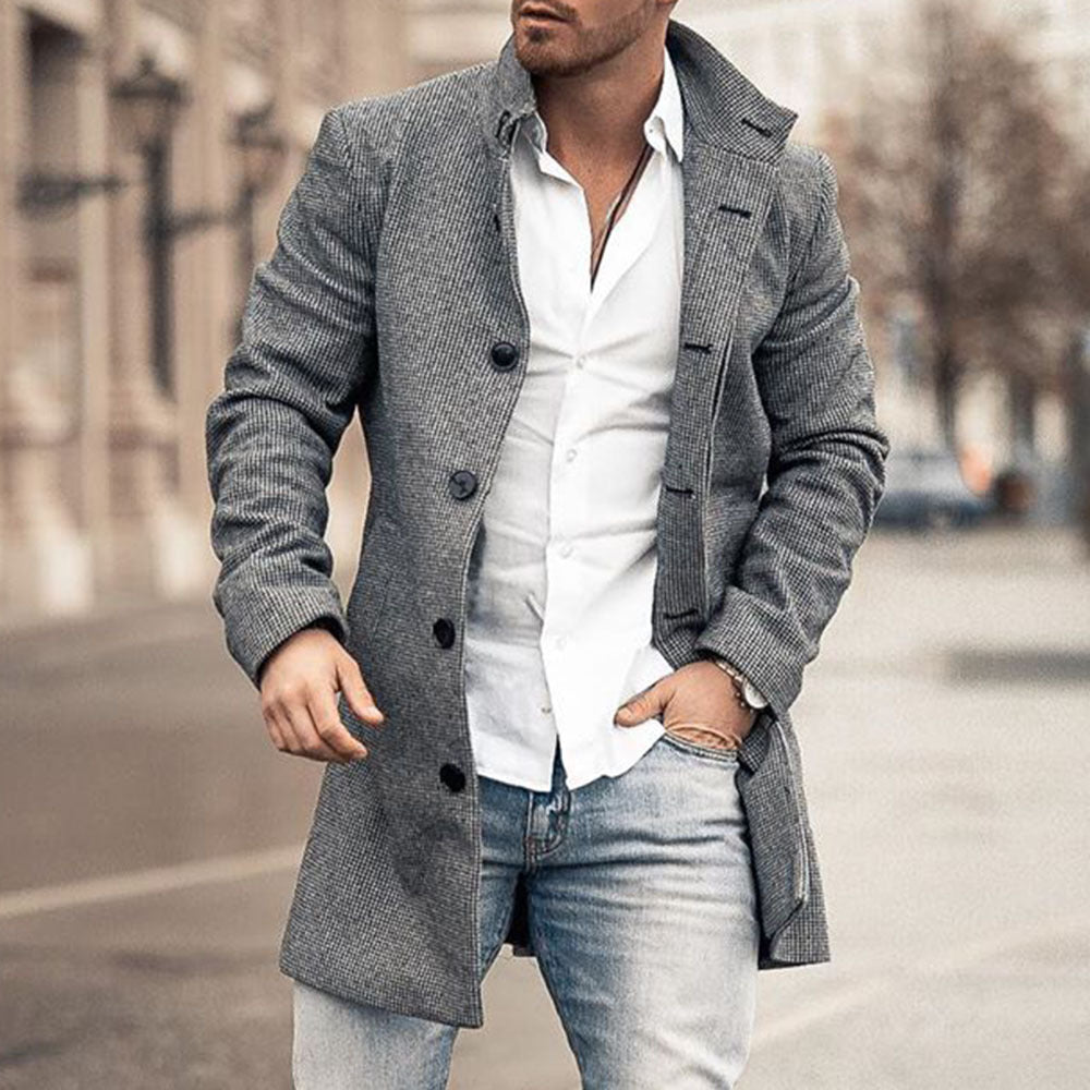 New Men's Woolen Stand Collar Mid-Length Casual Coat with Pockets