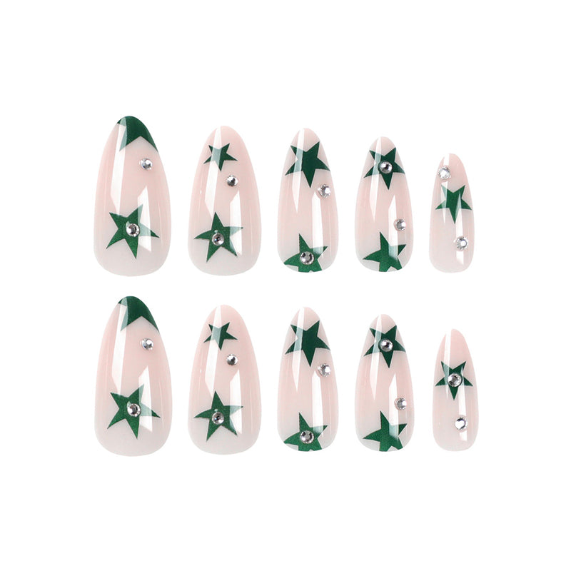 24 PCS Green Star Nail Art, Length Long Water Pipe Fake Nails, Had Nail Tips False Nail