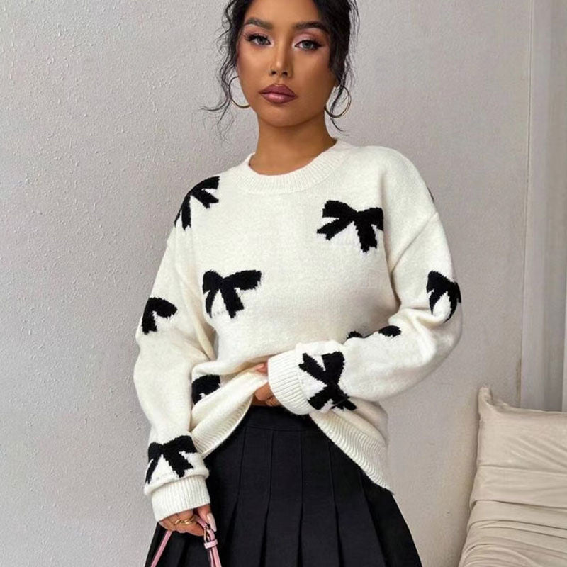 Autumn And Winter Round Neck Bow Jacquard Pullover Sweater