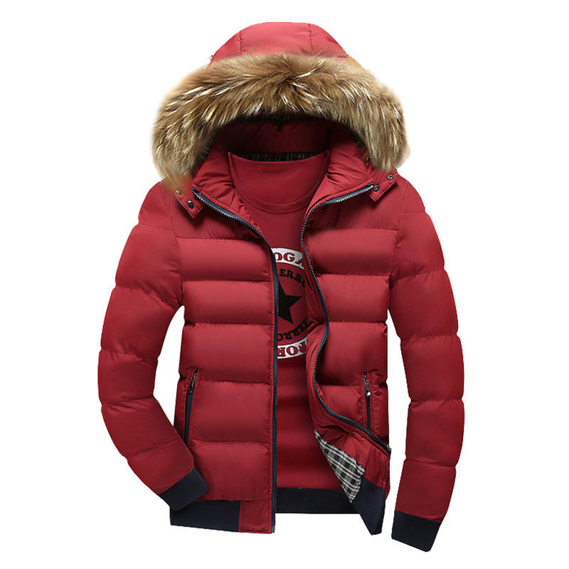 Men's Hooded Fur Collar Warm Cotton Coat