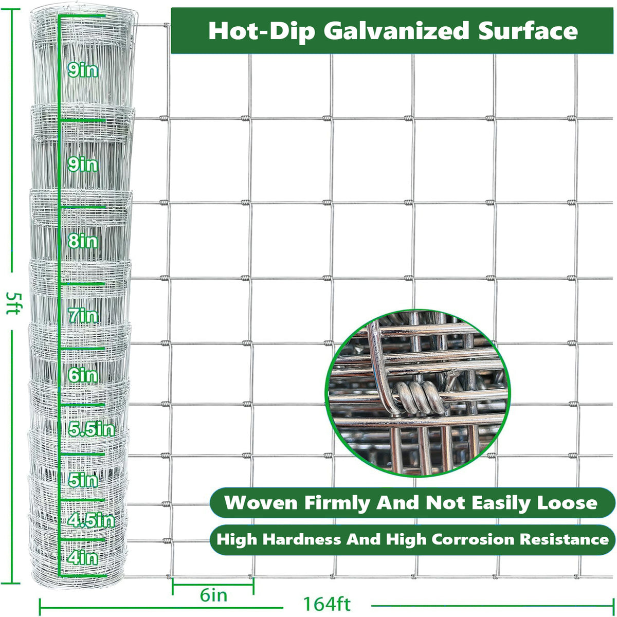 Farm Fence 5ft X 164ft 13Gauge Heavy Zinc Coating Cattle Fence,Galvanized Field Wire Fencing Deer Fence,Goat Fence,Hog Wire Fencing For Yard Livestock & Animals Protection