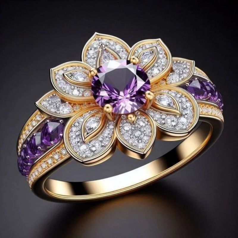 New 18K Gold Amethyst Lotus Flower Ring