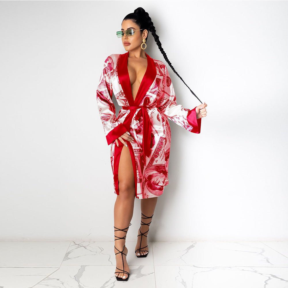 Printed Loose Robe Bathrobe Cardigan Housewear