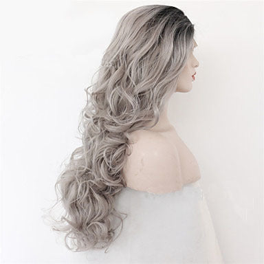 2 Tones Synthetic Lace Wig Grey Black Ombre Wavy Wigs Long Curly Hair