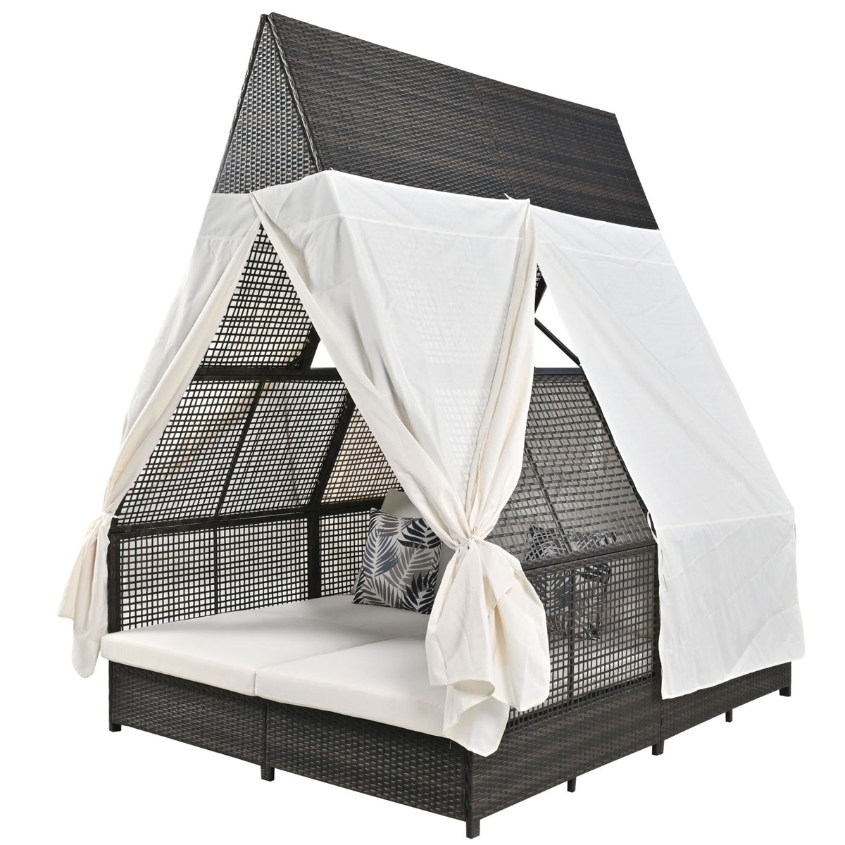 Outdoor Daybed With Adjustable Backrest And Curtains, Double Sun Lounger