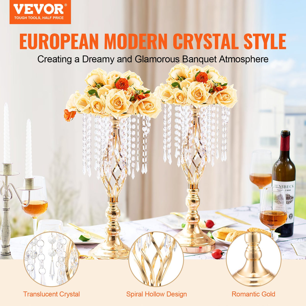 12PCS 49cm/19.3” Tall Crystal Wedding Flower Stand Vase For Party Decor