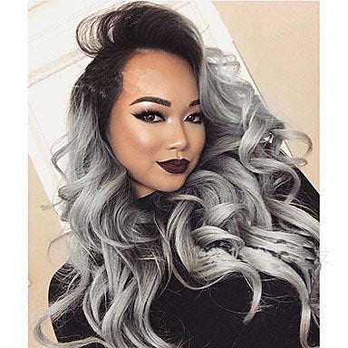 2 Tones Synthetic Lace Wig Grey Black Ombre Wavy Wigs Long Curly Hair