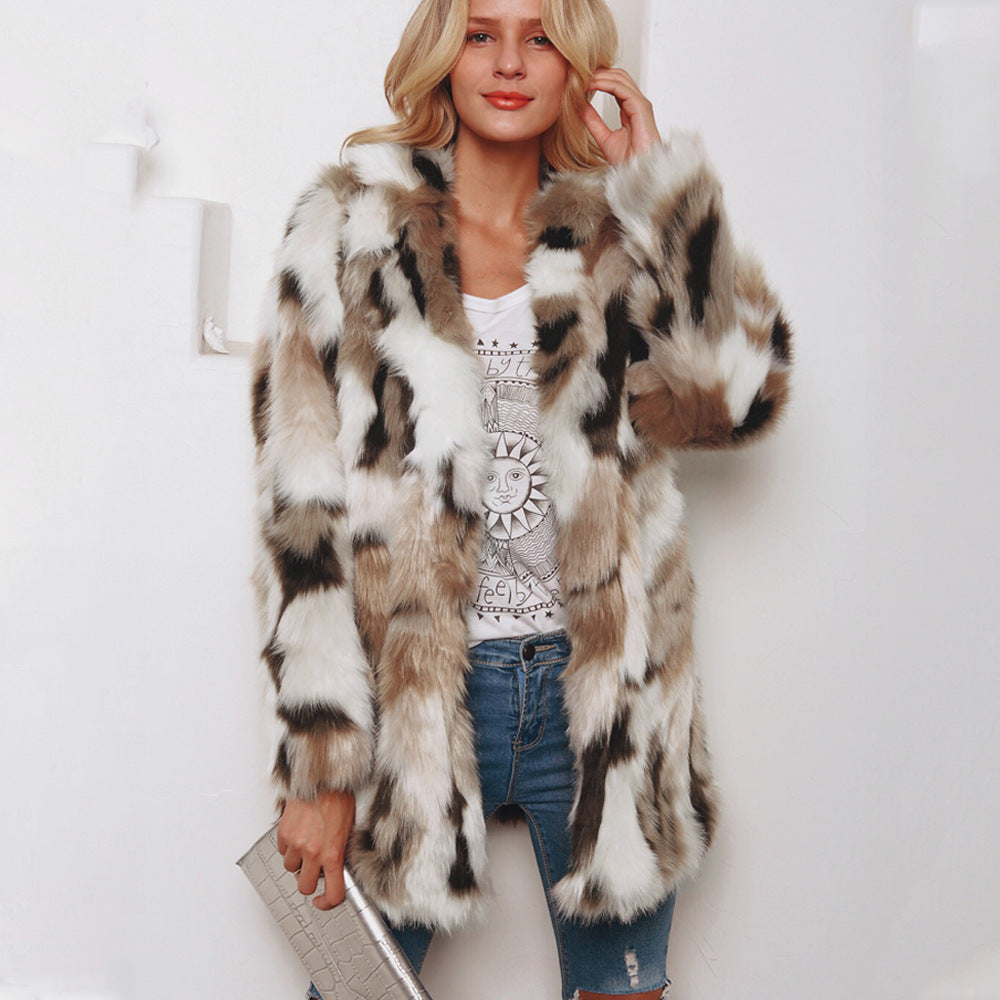 European And American Fashion Tailored Suit Collar Mixed Color Faux Fur Coat
