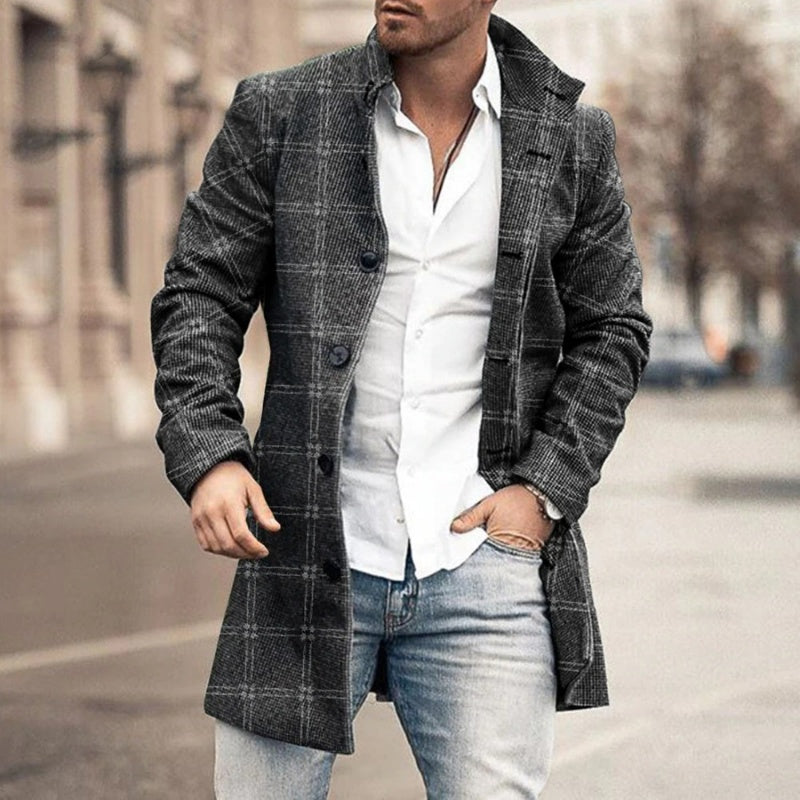 New Men's Woolen Stand Collar Mid-Length Casual Coat with Pockets