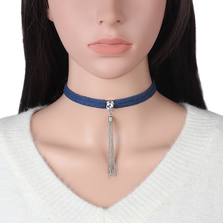 Hot Sale Blue Denim Jean Choker Long Chain Family