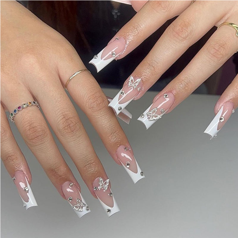 24 PCS Diamond Butterfly Nail Art, Long Length Long Water Pipe Fake Nails,Square Head Nail Tips False Nail