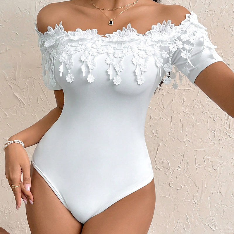 Women's Off Shoulder Short Sleeve Bodysuit Sexy Lace Bodycon Top