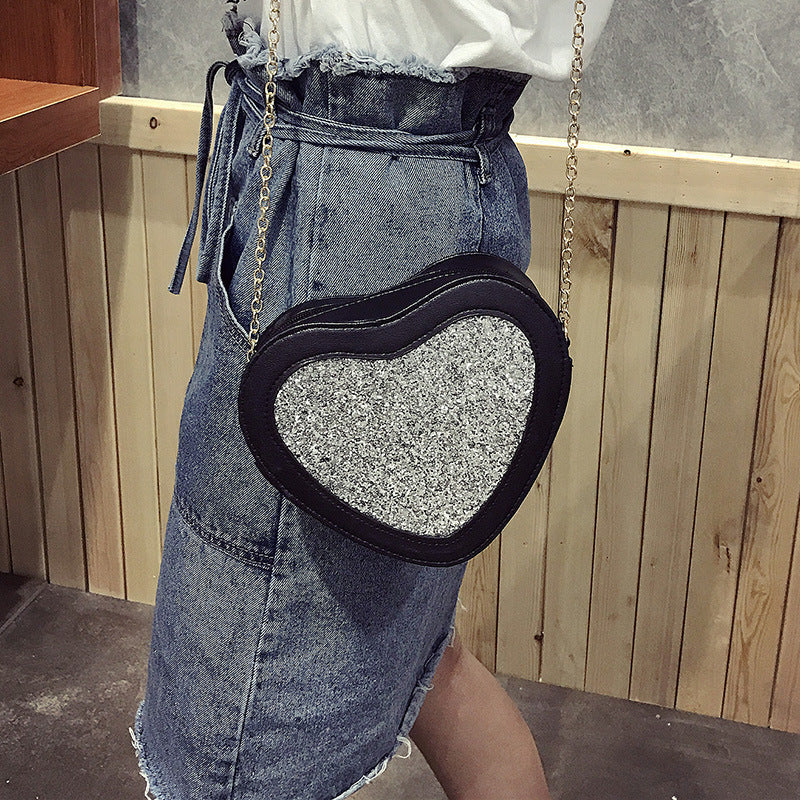 Korean Mini Love - Shaped Mini - Bag Personality Sequined Chain Bag Leisure with a Single Shoulder Crossbody Bag