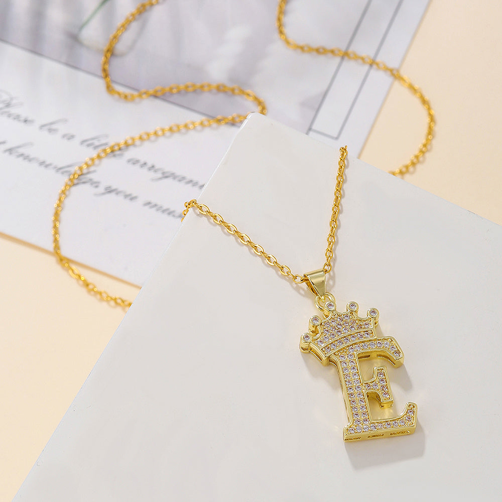 1PCS Fashionable Gold Diamond Crown Uppercase Letter Popular Pendant Necklace, Suitable For Daily Use, Festivals, Parties, Gifts Jewelry Set