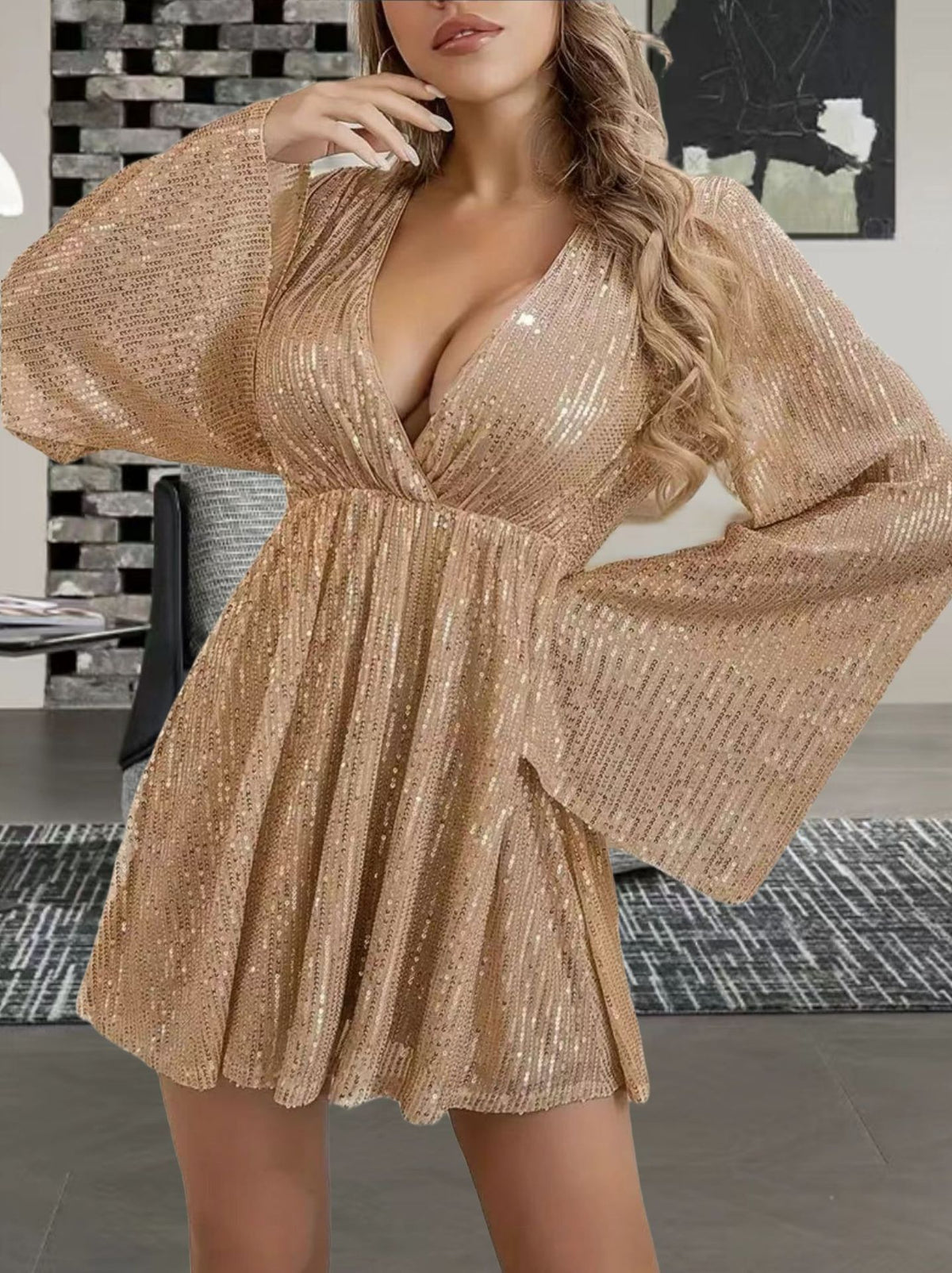 V-Neck Sequin Waist Slimming Senior Party Evening Dress