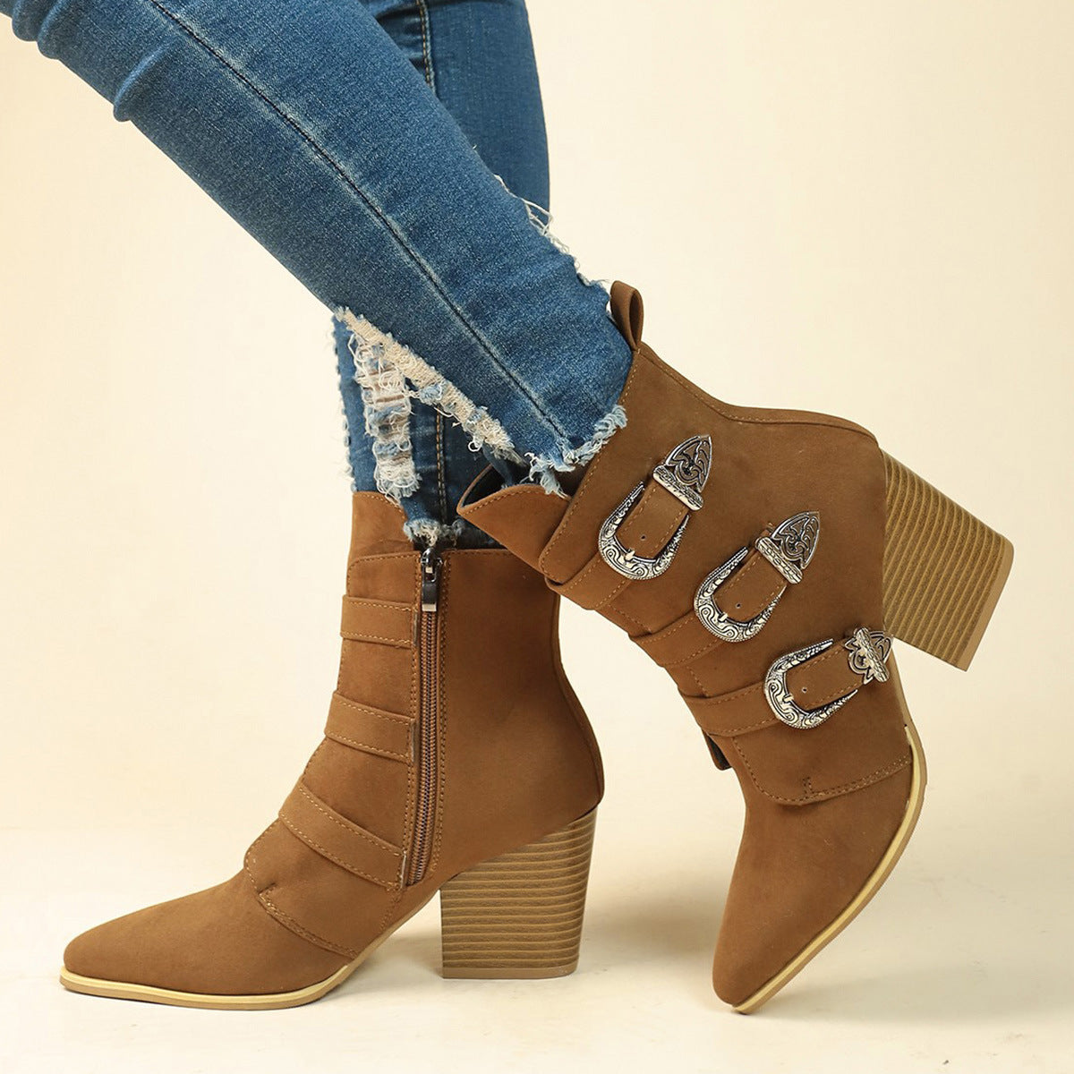 Chunky Heel Pointed Toe Boots With Belt Buckle Design Retro Mid-Calf Boot Fashion Fall Winter Shoes For Women