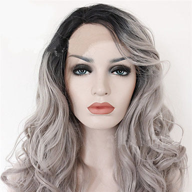 2 Tones Synthetic Lace Wig Grey Black Ombre Wavy Wigs Long Curly Hair