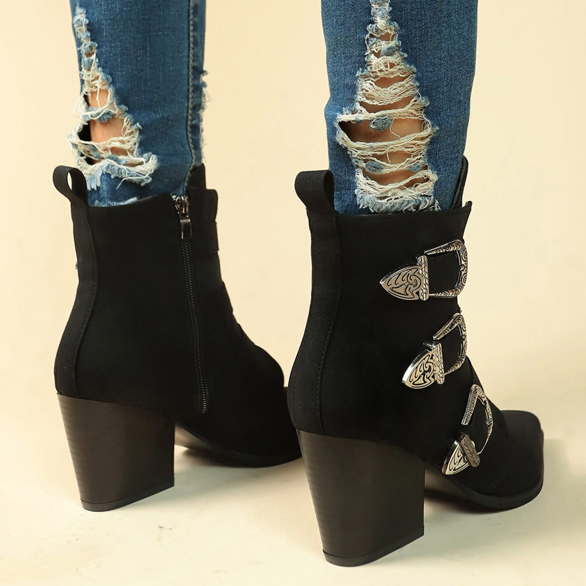 Chunky Heel Pointed Toe Boots With Belt Buckle Design Retro Mid-Calf Boot Fashion Fall Winter Shoes For Women